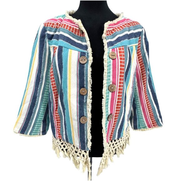 Multiples Striped Cotton Jacket Womens PL Patchwork Crochet Hem Wood Buttons - Picture 2 of 8